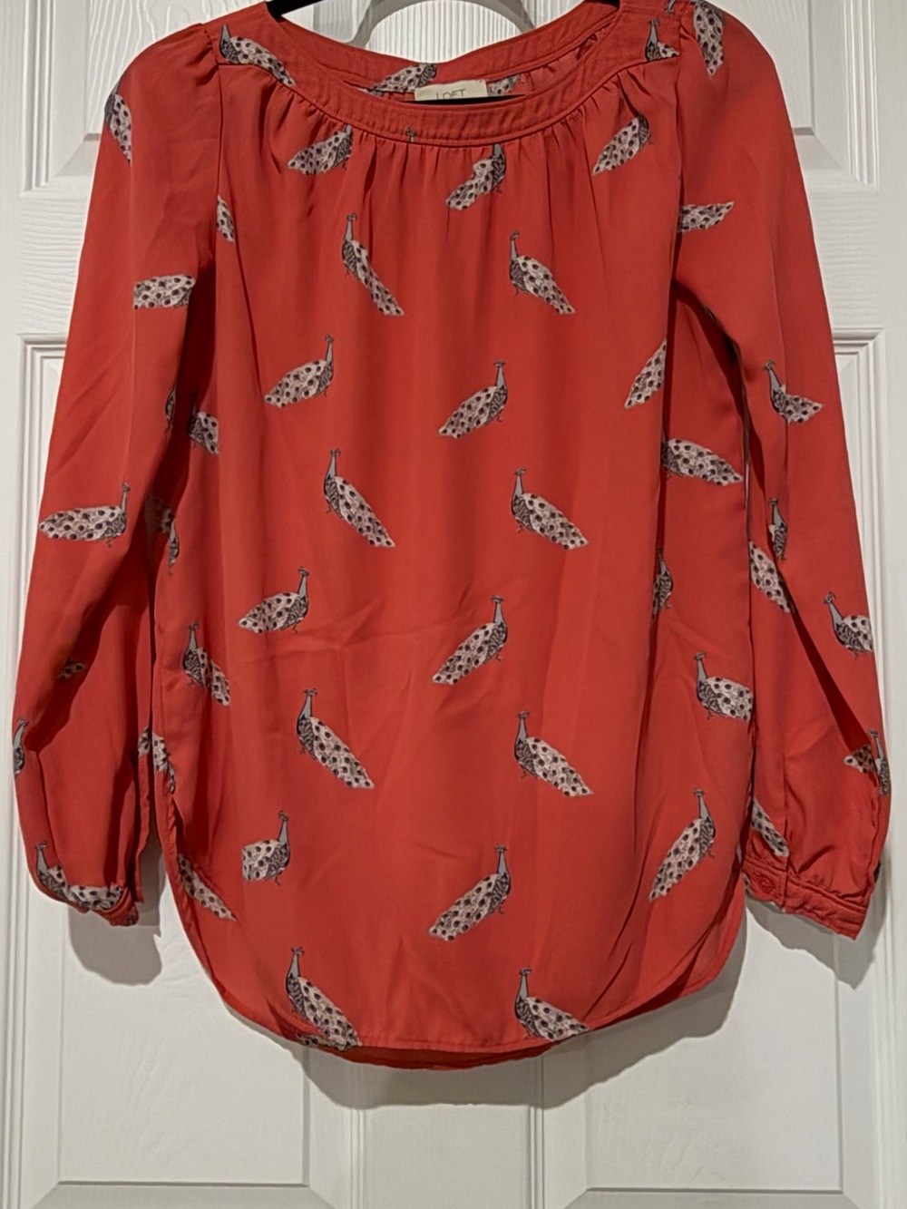 LOFT Coral Red Peasant Blouse with Peacock Print